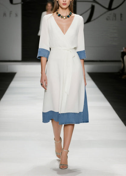 French White Tie Waist Denim Patchwork Chiffon Day Dress Summer