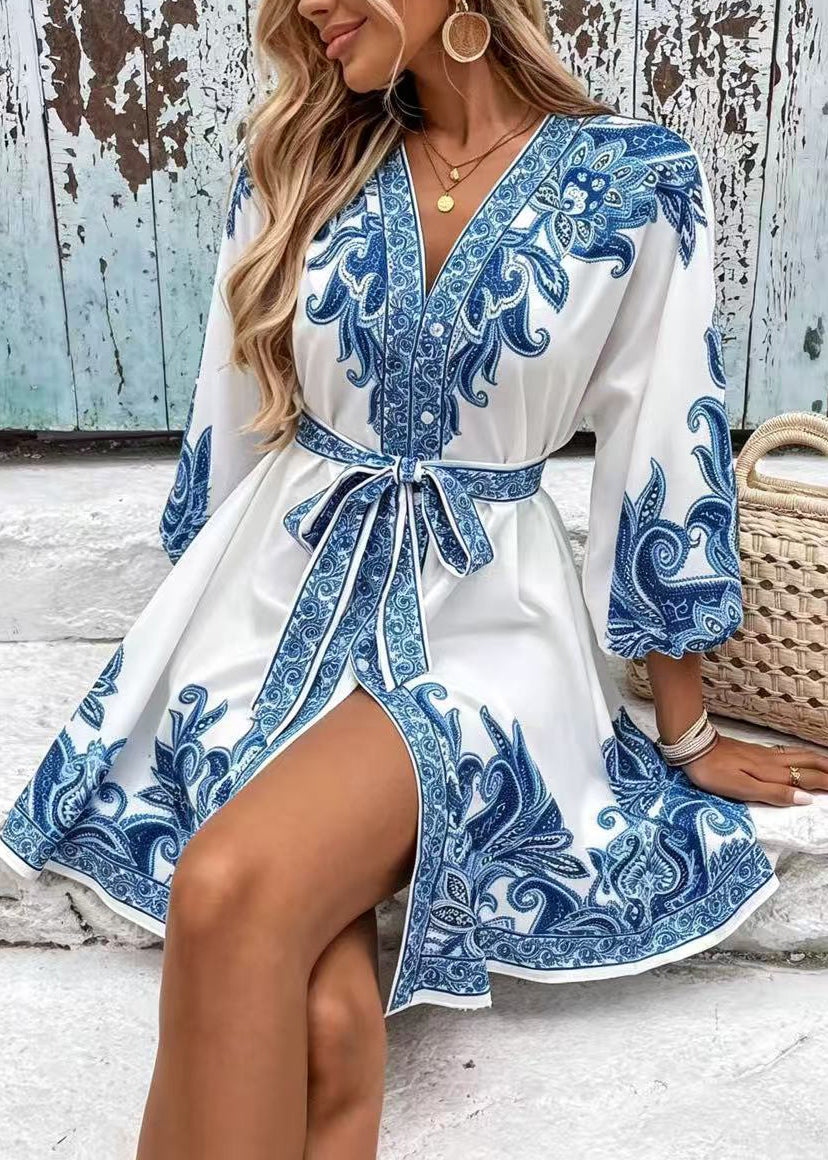 French White Tie Waist Print Silk Mini Dress Summer