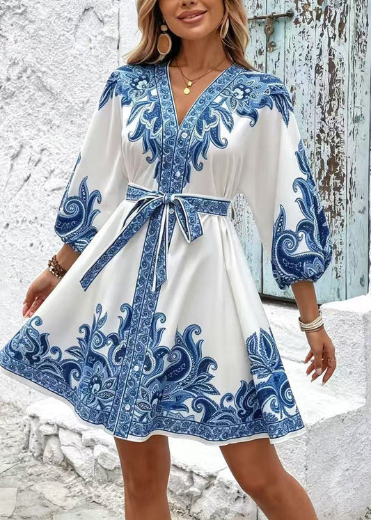French White Tie Waist Print Silk Mini Dress Summer