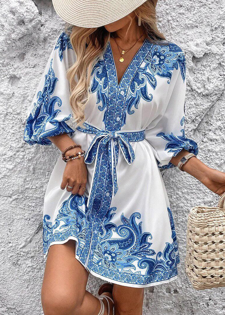 French White Tie Waist Print Silk Mini Dress Summer