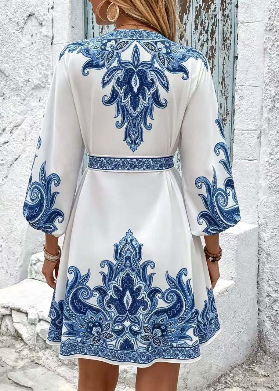 French White Tie Waist Print Silk Mini Dress Summer