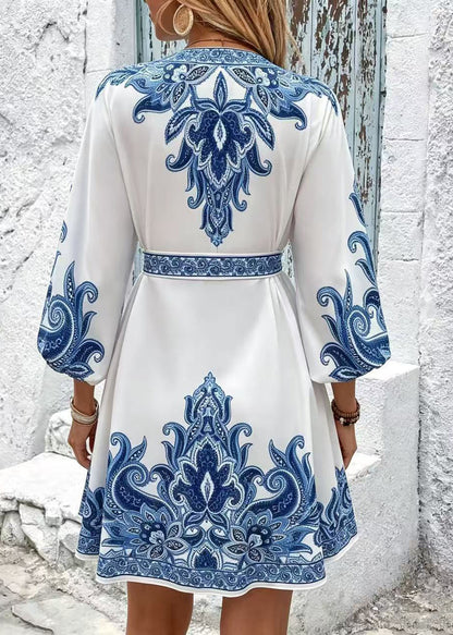 French White Tie Waist Print Silk Mini Dress Summer