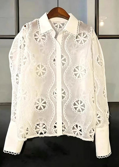 French White Turn-down Collar Cut Out Shirt Tops Puff Sleeve