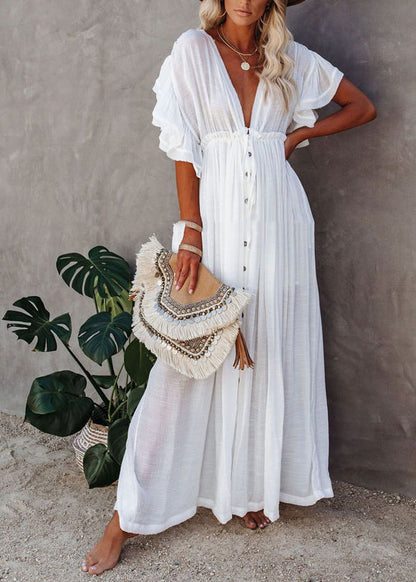 French White V Neck Button Maxi Dress Short Sleeve