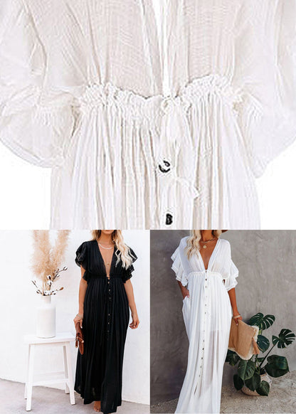 French White V Neck Button Maxi Dress Short Sleeve