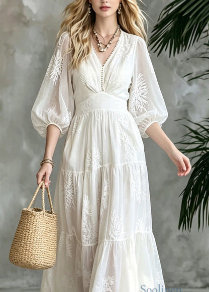 French White V Neck Embroidered Patchwork Cotton Ankle Dress Summer