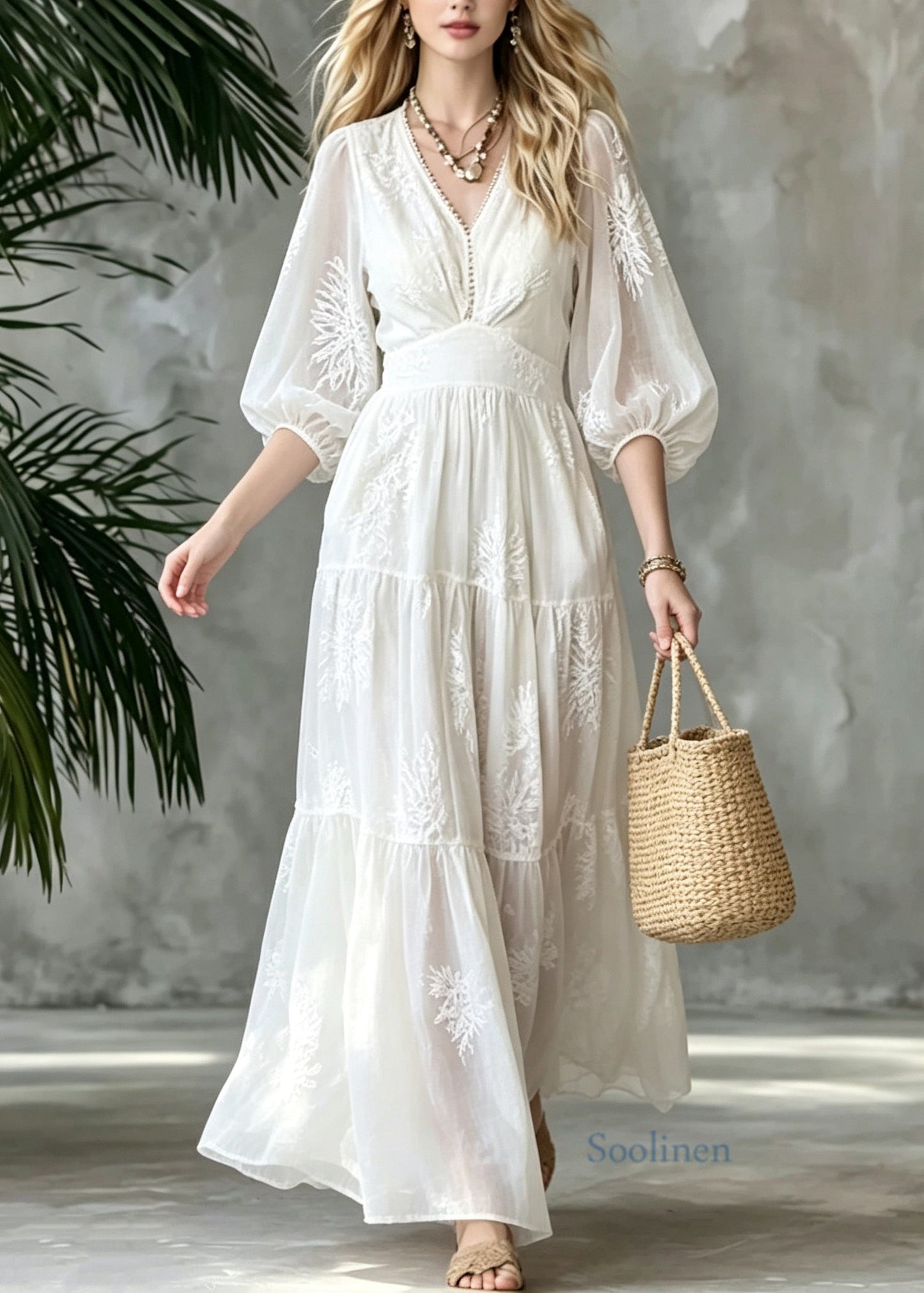 French White V Neck Embroidered Patchwork Cotton Ankle Dress Summer