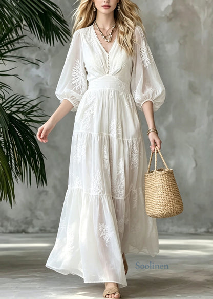 French White V Neck Embroidered Patchwork Cotton Ankle Dress Summer