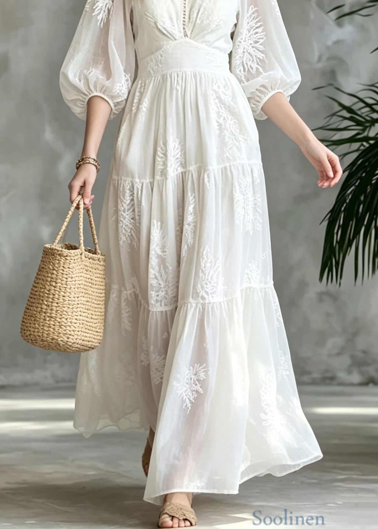 French White V Neck Embroidered Patchwork Cotton Ankle Dress Summer