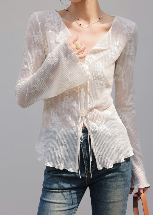 French White V Neck Embroidered Spandex Top Spring