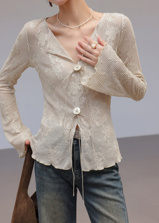 French White V Neck Embroidered Spandex Top Spring