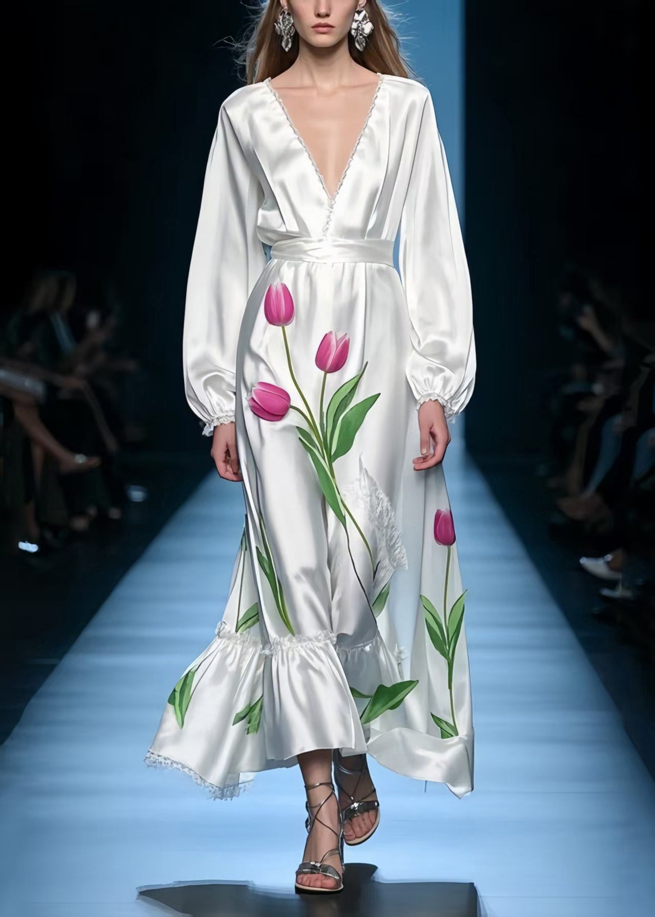 French White V Neck Floral Silk Holiday Dress Spring