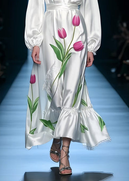 French White V Neck Floral Silk Holiday Dress Spring