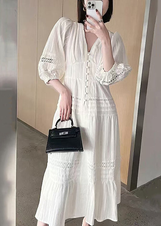 French White V Neck Hollow Out Cotton Dress Bracelet Sleeve