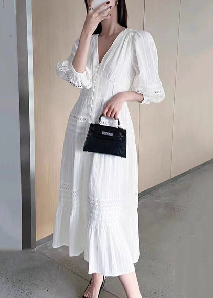 French White V Neck Hollow Out Cotton Dress Bracelet Sleeve