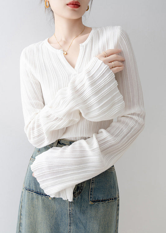 French White V Neck Knit Sweaters Flare Sleeve