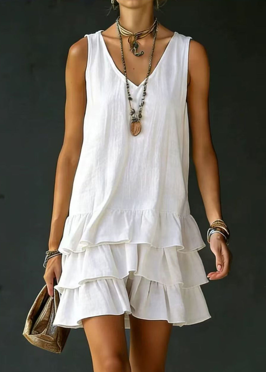 French White V Neck Layered Cotton Mini Drss Sleeveless