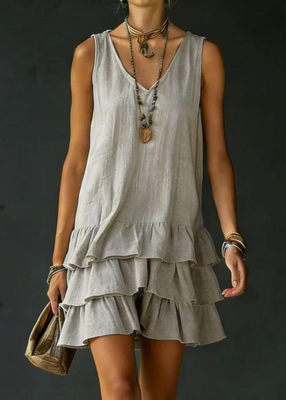 French White V Neck Layered Cotton Mini Drss Sleeveless