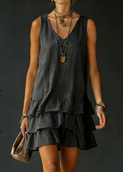 French White V Neck Layered Cotton Mini Drss Sleeveless