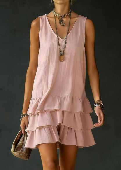 French White V Neck Layered Cotton Mini Drss Sleeveless