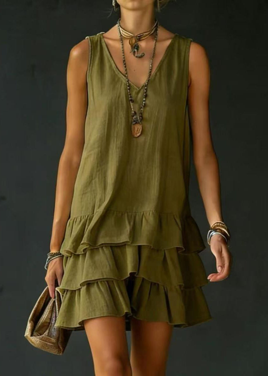 French White V Neck Layered Cotton Mini Drss Sleeveless