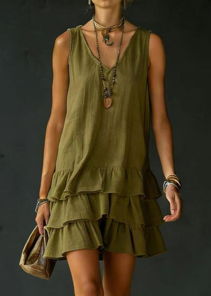 French White V Neck Layered Cotton Mini Drss Sleeveless