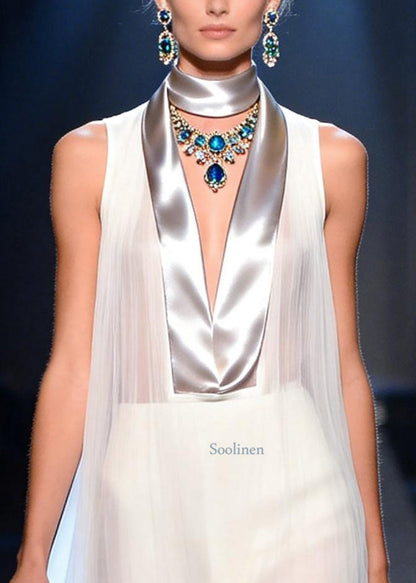 French White V Neck Patchwork Chiffon Work Dress Sleeveless