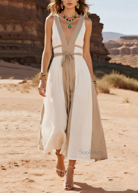 Vestido de verano francés de algodón con cuello en V y patchwork blanco