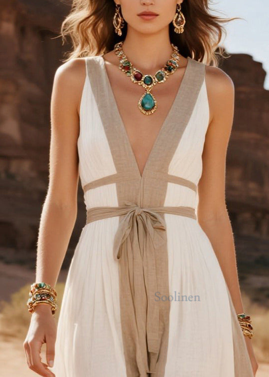 Vestido de verano francés de algodón con cuello en V y patchwork blanco