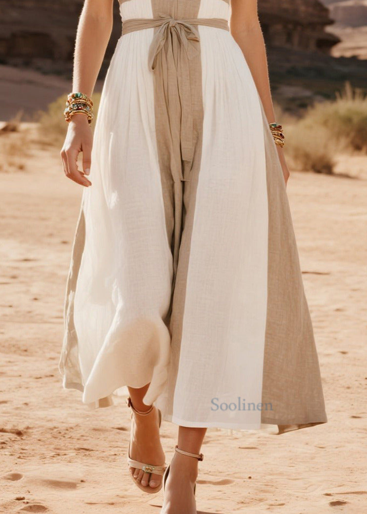 Vestido de verano francés de algodón con cuello en V y patchwork blanco