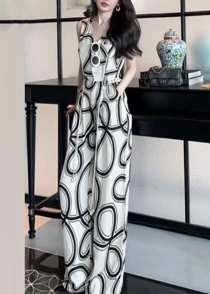 French White V Neck Print Button Cotton Jumpsuits Sleeveless