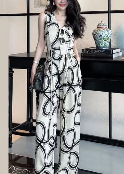 French White V Neck Print Button Cotton Jumpsuits Sleeveless