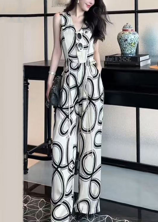 French White V Neck Print Button Cotton Jumpsuits Sleeveless