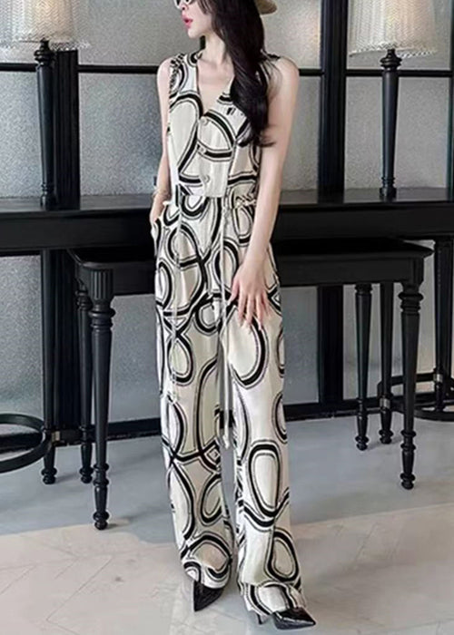 French White V Neck Print Button Cotton Jumpsuits Sleeveless