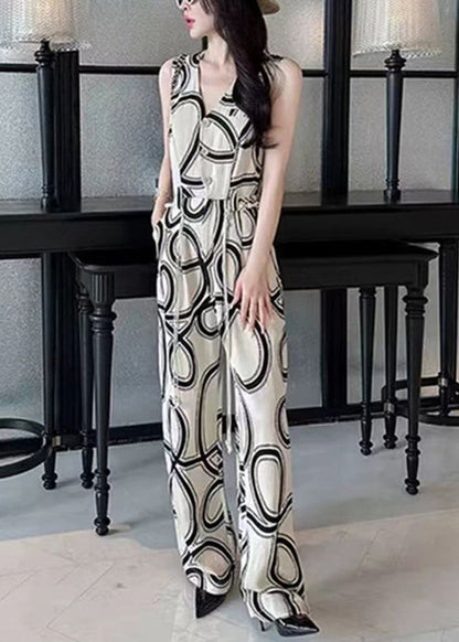 French White V Neck Print Button Cotton Jumpsuits Sleeveless