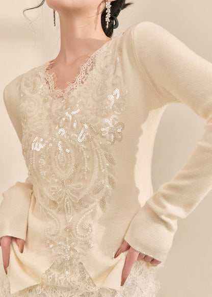 French White V Neck Sequins Lace Patchwork Knit Top Spring