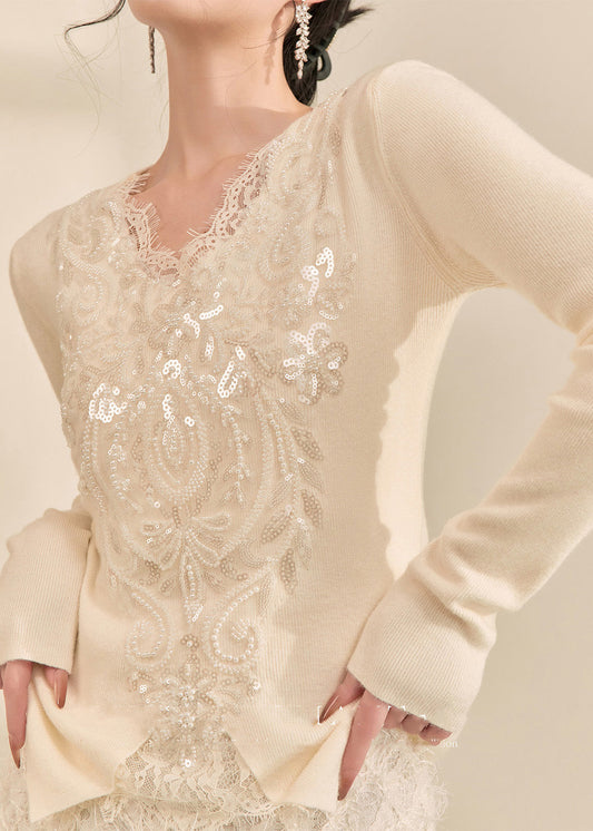 Französisches weißes V-Ausschnitt-Stricktop mit Pailletten-Spitzen-Patchwork-Design für den Frühling