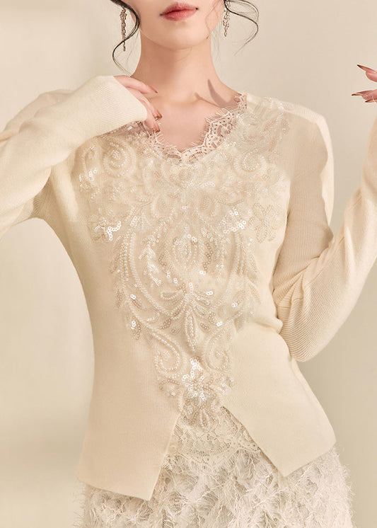 Französisches weißes V-Ausschnitt-Stricktop mit Pailletten-Spitzen-Patchwork-Design für den Frühling