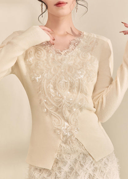 French White V Neck Sequins Lace Patchwork Knit Top Spring