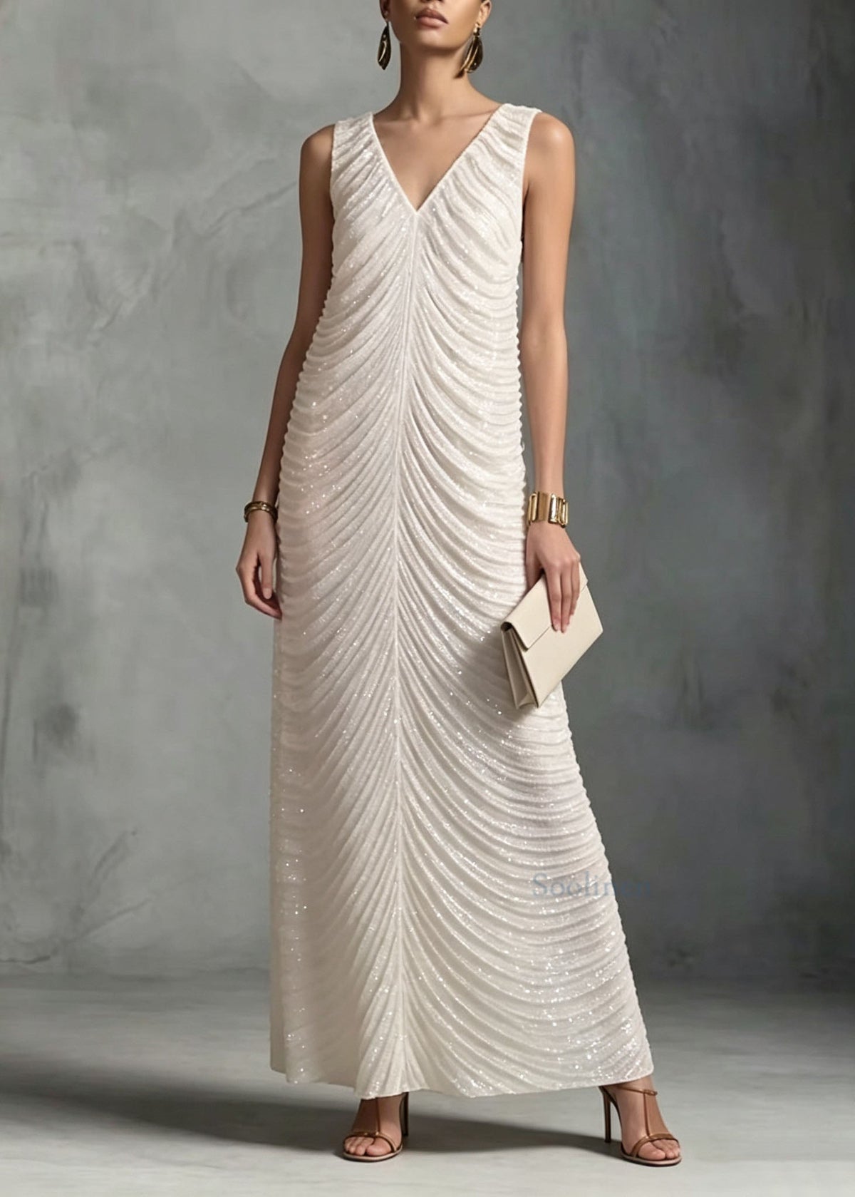 French White V Neck Sequins Patchwork Ankle Dress Sleeveless