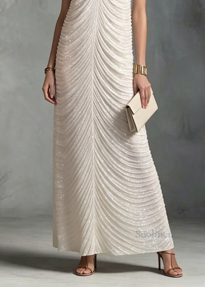 French White V Neck Sequins Patchwork Ankle Dress Sleeveless