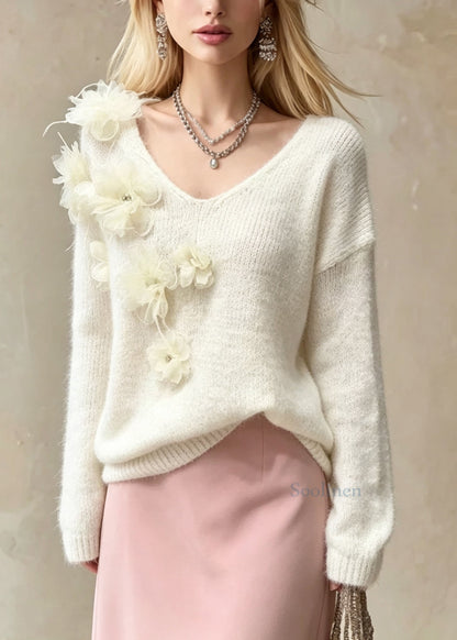 French White V Neck Thick Floral Knit Sweaters Top Fall