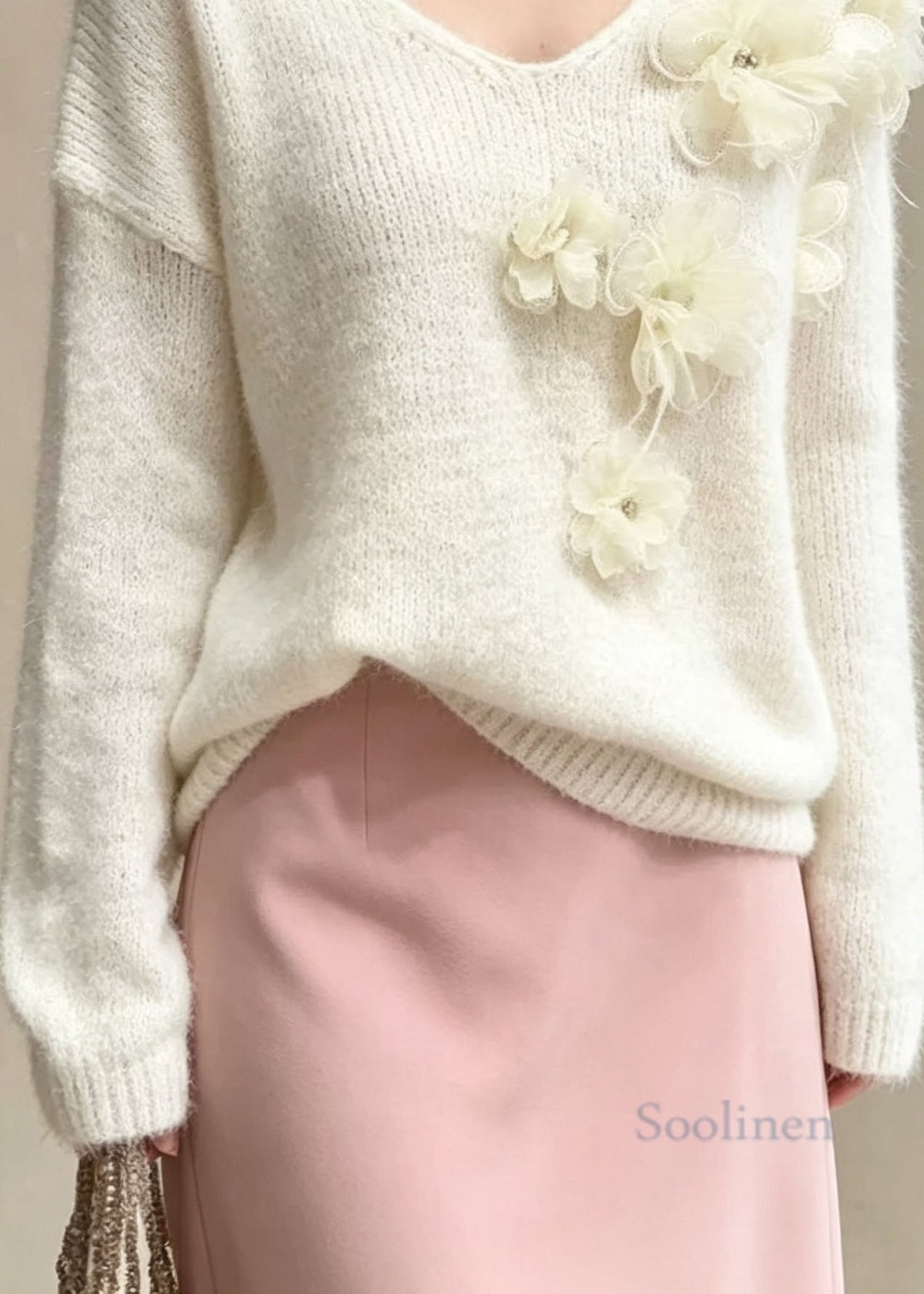 French White V Neck Thick Floral Knit Sweaters Top Fall