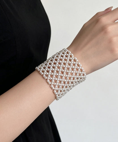 French White Weave Pearl Beading Elasticity Bangle