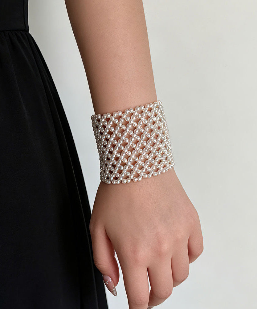 French White Weave Pearl Beading Elasticity Bangle