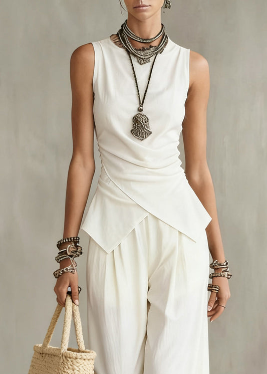 French White Wrinkled Solid Tops And Wide Leg Pants Cotton Two Pieces Set Sleeveless