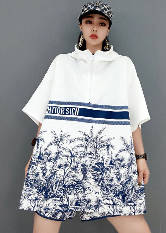 Französisches weißes Zweiteiler-Set mit Reißverschluss und halblangen Ärmeln