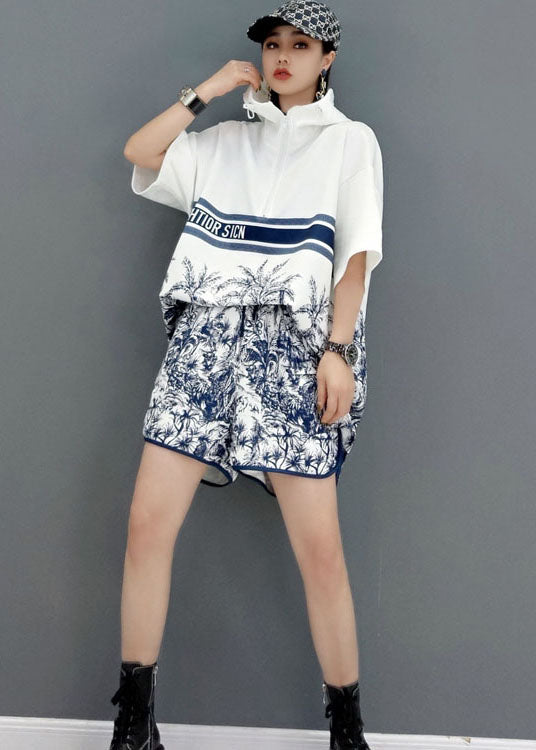 Französisches weißes Zweiteiler-Set mit Reißverschluss und halblangen Ärmeln