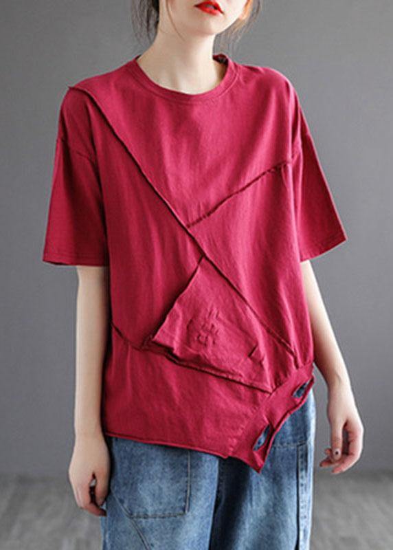 French Yellow Asymmetrical Design Hole Summer Patchwork Cotton Half Sleeve - SooLinen