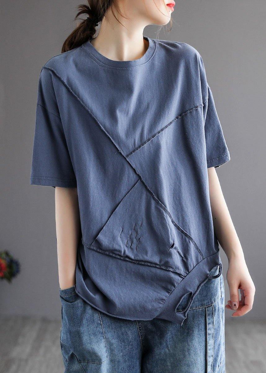 French Yellow Asymmetrical Design Hole Summer Patchwork Cotton Half Sleeve - SooLinen